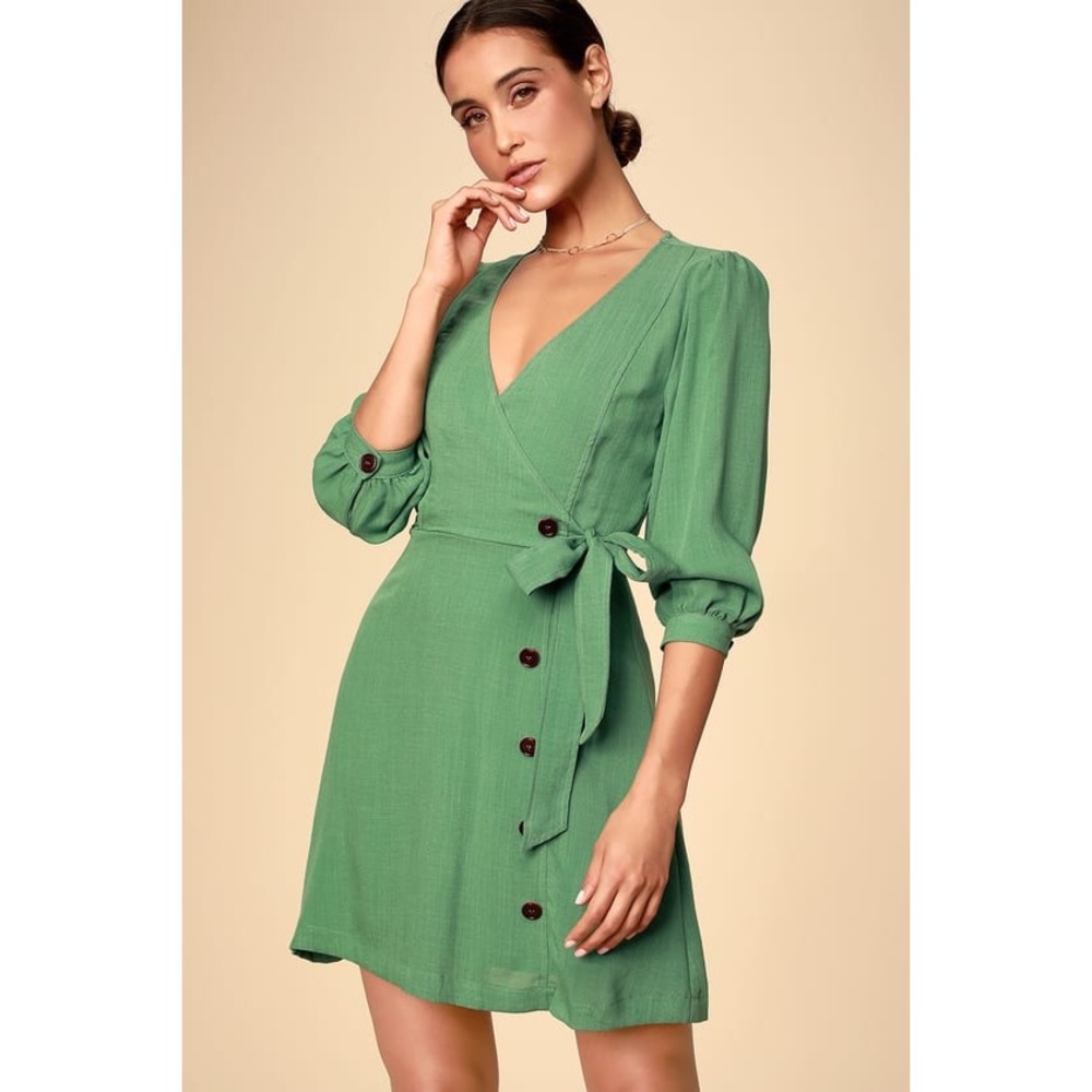 Lulus Green Three-Quarter Balloon Sleeve Dress
